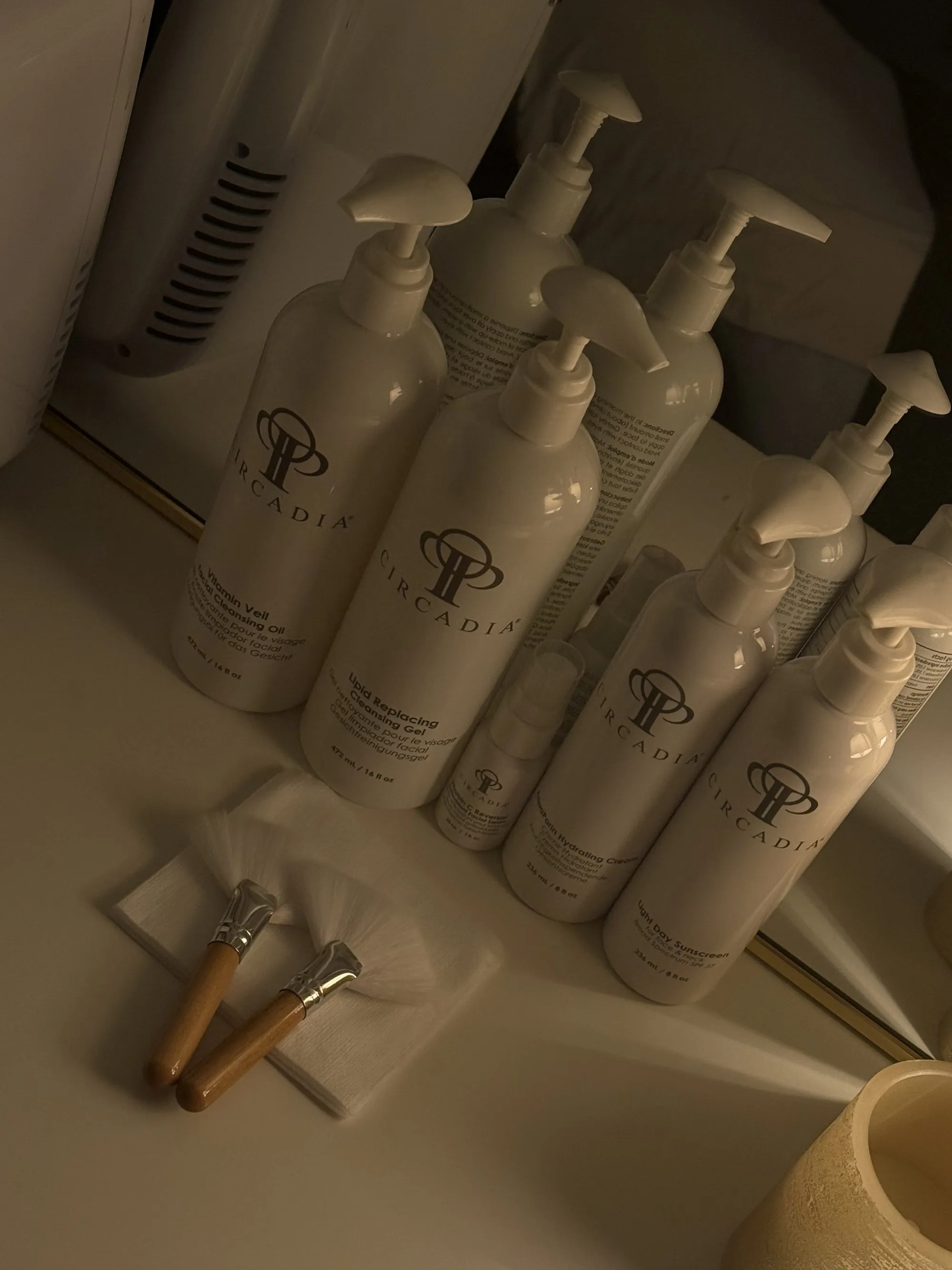 Circadia professional bottles and facial brushes in the treatment room