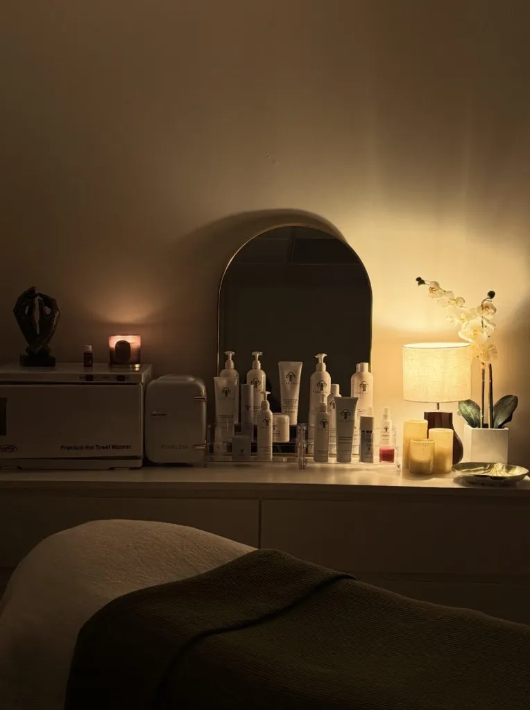 Treatment room at Skin by Cheyenne with a facial bed, warm lighting, and Circadia products